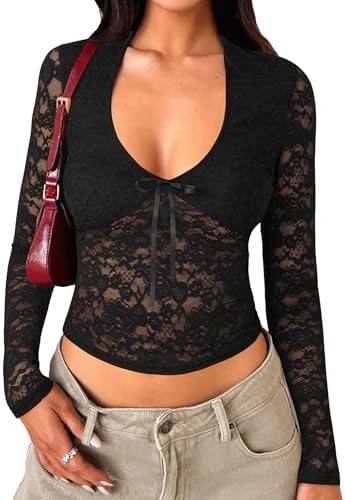Xuiqx Women's Lace Long Sleeve Going Out Top Sexy Y2K Cute Cut Out